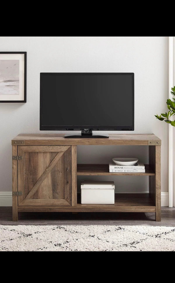 44" Asymmetrical Barn Door Farmhouse TV Stand - Rustic Oak
