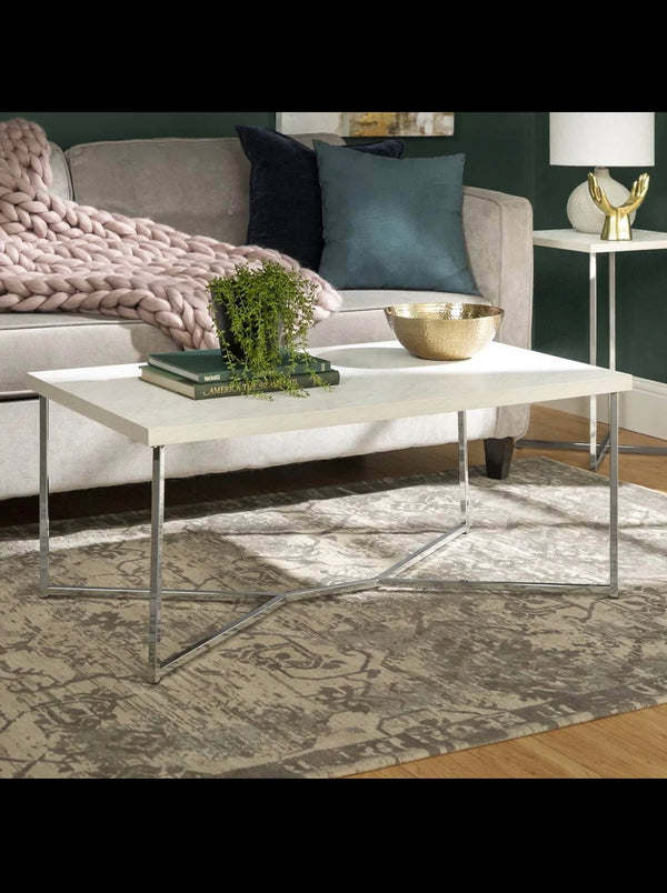 Luxe 42" Y Leg Modern Glam Coffee Table - Faux White Marble/Chrome