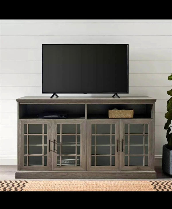 Hazel 58" Classic Glass 4-Door TV Stand with Adjustable Shelves in Slate Gray